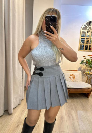 Gri Boyunlu Triko Bluz