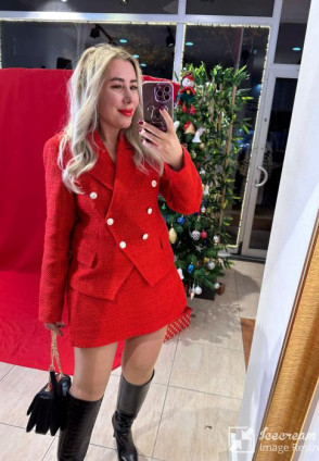 Kırmızı Tüvit Ceket Etek Takım