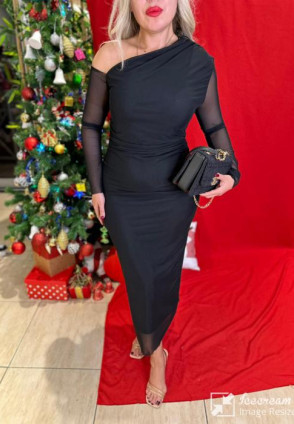 Siyah Omuz Dekolteli Midi Şifon Elbise