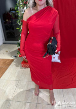 Kırmızı Omuz Dekolteli Midi Şifon Elbise