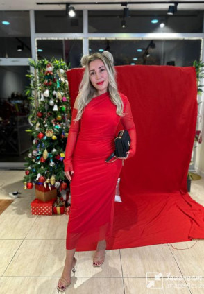 Kırmızı Omuz Dekolteli Midi Şifon Elbise