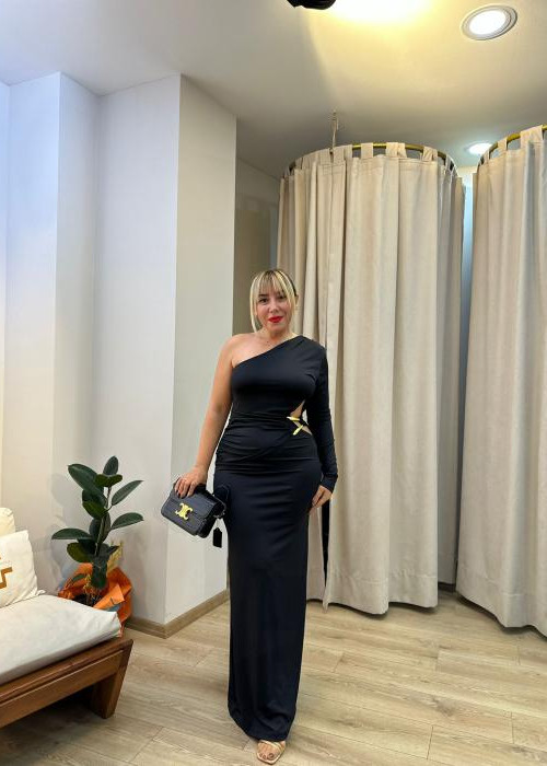 Tek Omuz Bel Dekolteli Maksi Elbise