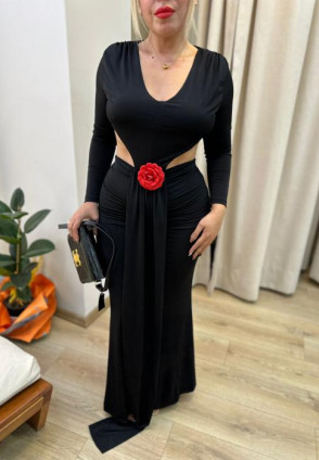 Siyah Gül Detay Maksi Elbise