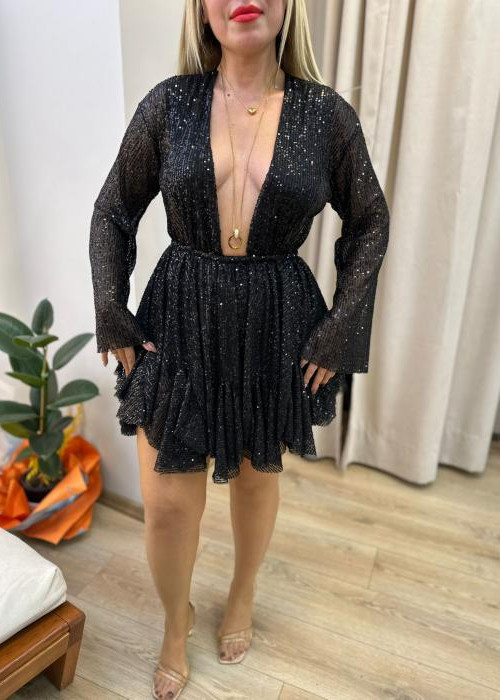 Siyah Payetli Mini Elbise
