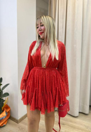 Kırmızı Payetli Mini Elbise