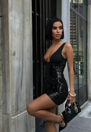 Siyah V Yaka Payetli Mini Elbise