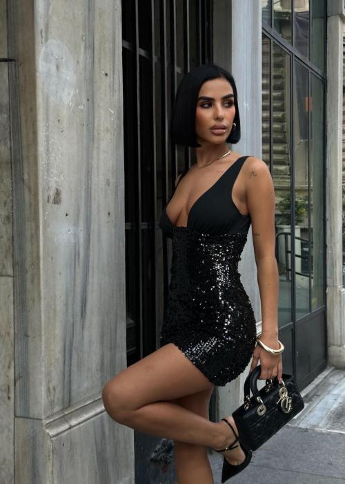 Siyah V Yaka Payetli Mini Elbise