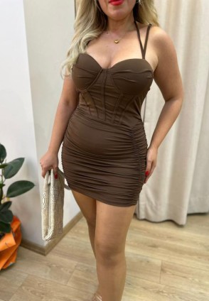 Kahve Sisi Bel Korseli Drapeli Elbise