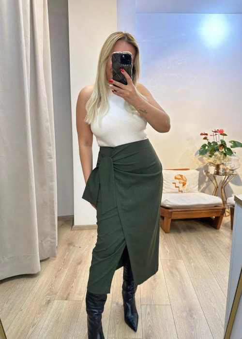 Haki Bağlama Detaylı Midi Etek