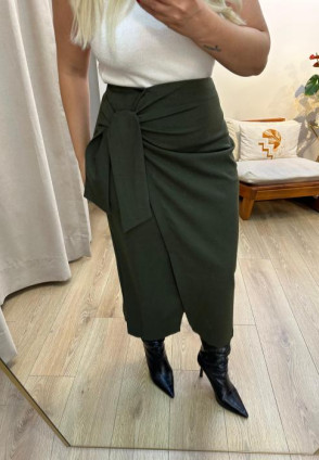 Haki Bağlama Detaylı Midi Etek