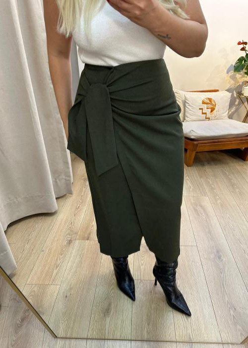 Haki Bağlama Detaylı Midi Etek