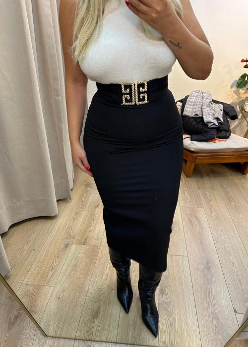 Kemerli Yırtmaçlı Midi Etek