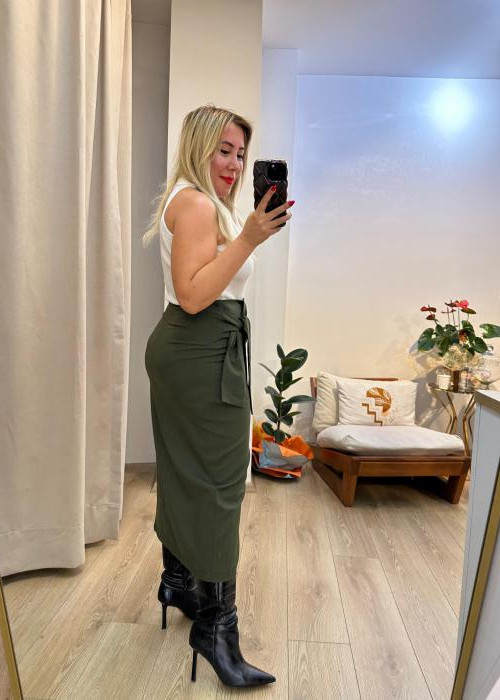 Haki Bağlama Detaylı Midi Etek