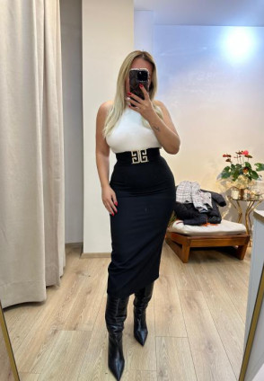 Kemerli Yırtmaçlı Midi Etek