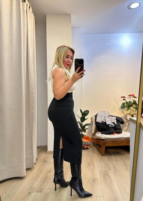 Kemerli Yırtmaçlı Midi Etek