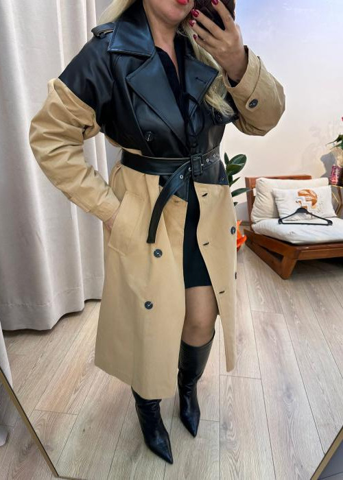 Tasarım Deri Detay Trençkot