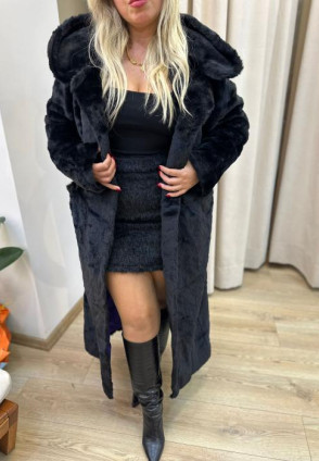 Siyah Maksi Kapüşonlu Kürk