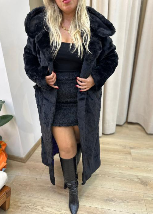 Siyah Maksi Kapüşonlu Kürk