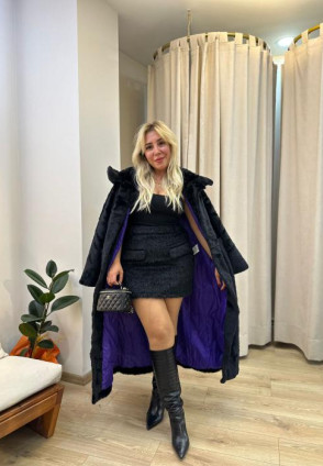 Siyah Maksi Kapüşonlu Kürk