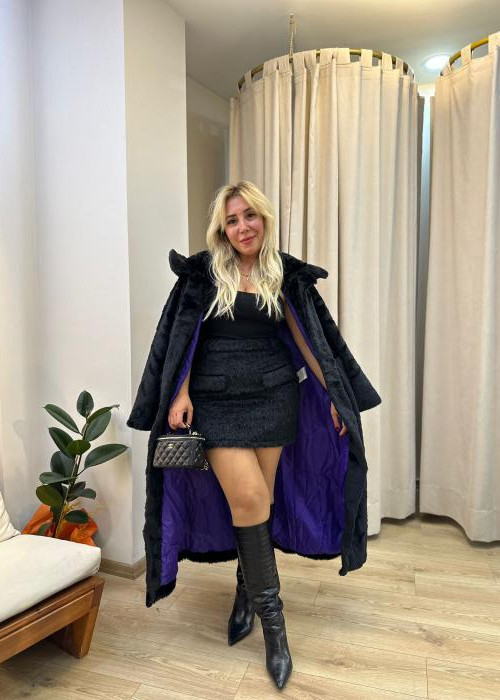 Siyah Maksi Kapüşonlu Kürk