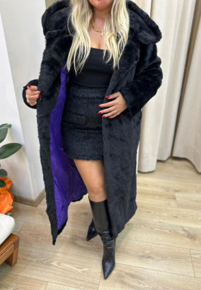 Siyah Maksi Kapüşonlu Kürk