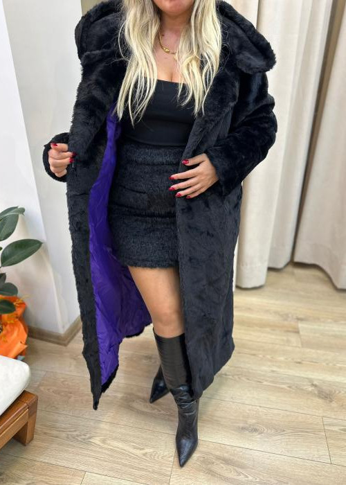 Siyah Maksi Kapüşonlu Kürk