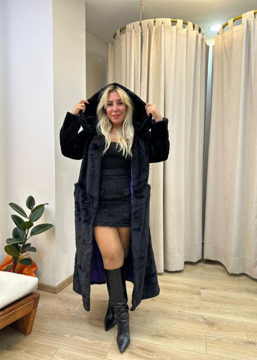 Siyah Maksi Kapüşonlu Kürk