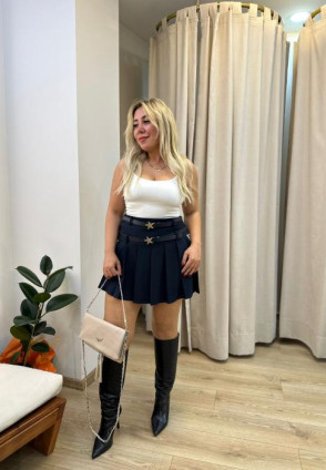 Lacivert Şerit Detay Kemerli Etek