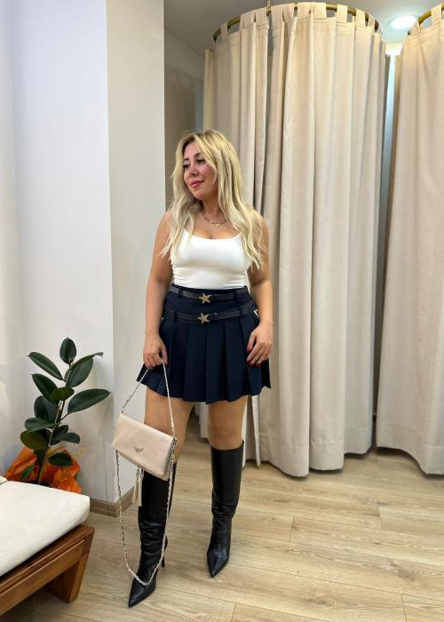 Lacivert Şerit Detay Kemerli Etek