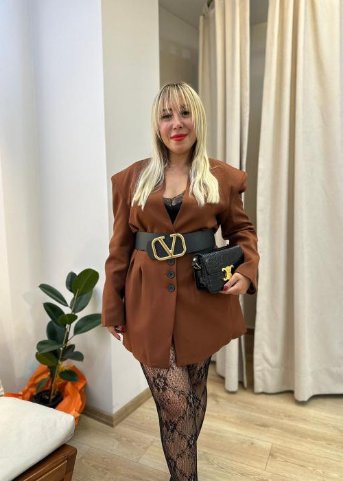 Geniş Vatkalı Ceket Etek Takım Kahve