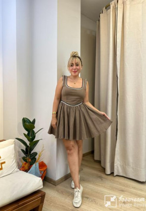 Kahverengi Keten Kalın Askı Elbise