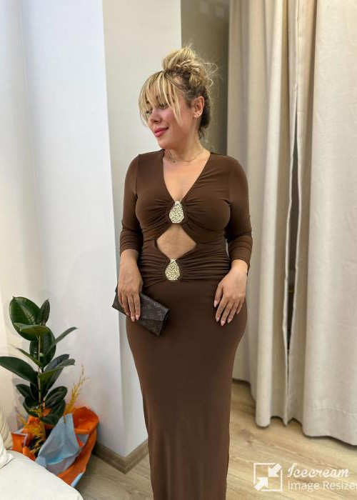 Kahverengi Maksi Yırtmaçlı Özel Gün Elbisesi