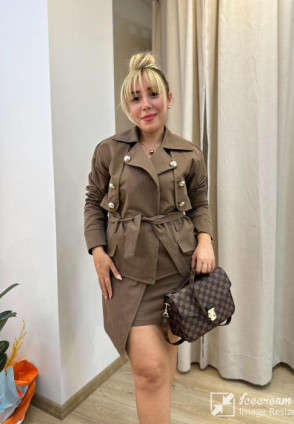 Kahverengi Tasarım Ceket Etek Takım