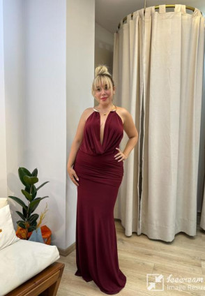 Bordo Derin Göğüs Dekolteli Maksi Elbise