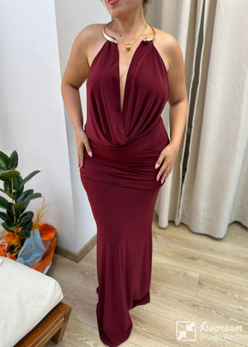 Bordo Derin Göğüs Dekolteli Maksi Elbise