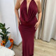 Bordo Derin Göğüs Dekolteli Maksi Elbise