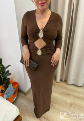 Kahverengi Maksi Yırtmaçlı Özel Gün Elbisesi