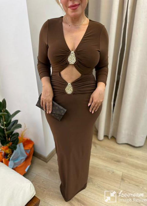 Kahverengi Maksi Yırtmaçlı Özel Gün Elbisesi