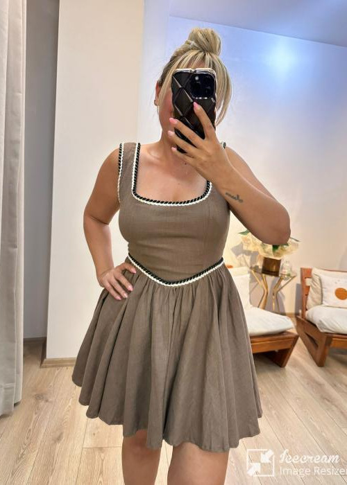 Kahverengi Keten Kalın Askı Elbise