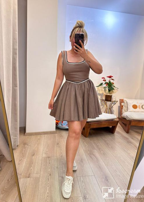 Kahverengi Keten Kalın Askı Elbise