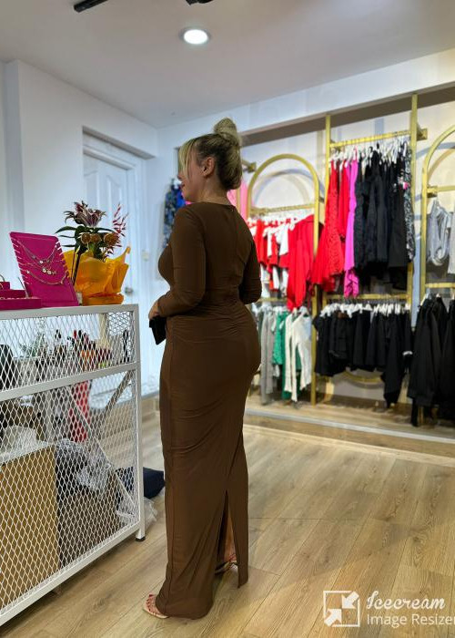 Kahverengi Maksi Yırtmaçlı Özel Gün Elbisesi