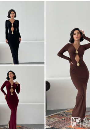 Kahverengi Maksi Yırtmaçlı Özel Gün Elbisesi