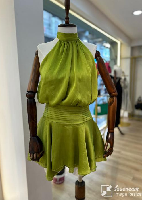 Olive Saten Mini Elbise