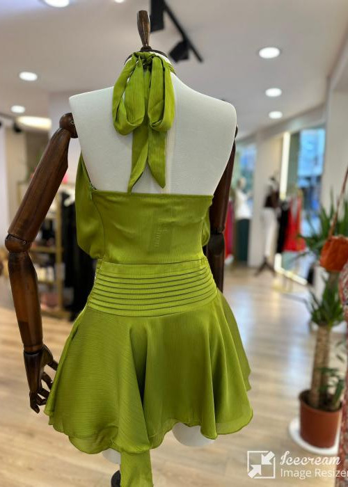 Olive Saten Mini Elbise