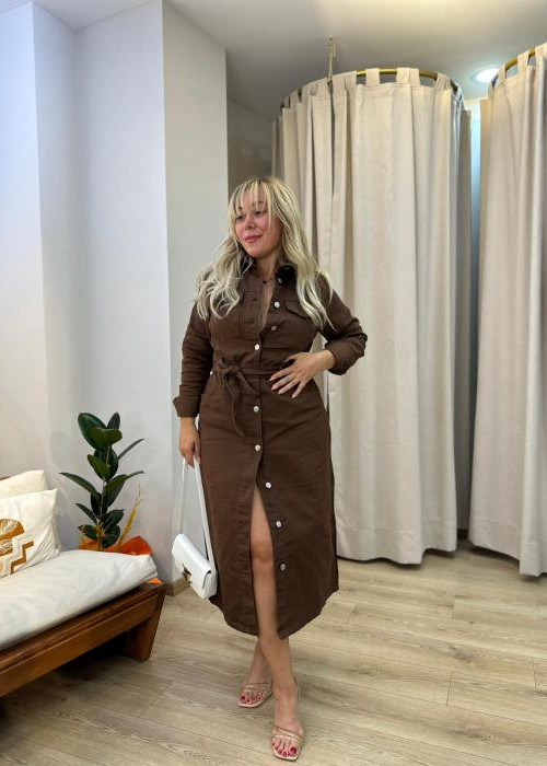 Kahverengi Midi Denim Elbise