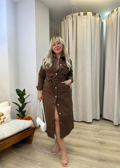 Kahverengi Midi Denim Elbise
