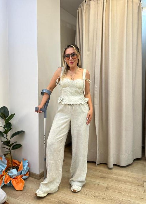 Bej Keten Pantolon Büstiyer Takım