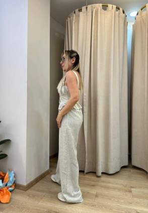 Bej Keten Pantolon Büstiyer Takım