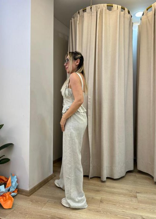 Bej Keten Pantolon Büstiyer Takım