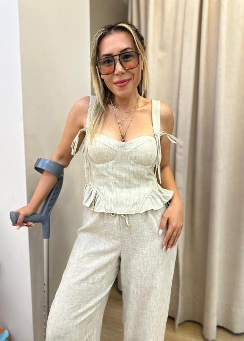 Bej Keten Pantolon Büstiyer Takım